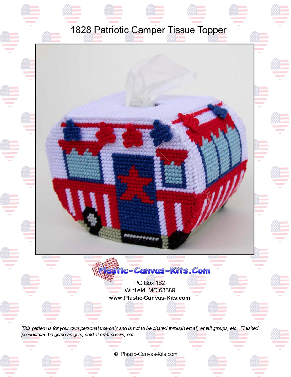 PATRIOTIC QUILT TISSUE TOPPER COVER PLASTIC CANVAS PATTERN INSTRUCTIONS